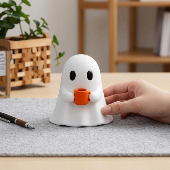 Halloween Home Decor Ghost Drinking Coffee Figurine, 3D Printed Cute White Holding A Mug Party Supplies Statue, Spooky Decoration for Bars, Counters,