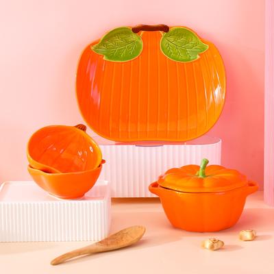Creative Ceramic Pumpkin Fruit Tableware Household Children'S Steamed Egg Bowl With Lid Binaural Dessert Salad Dish Combination