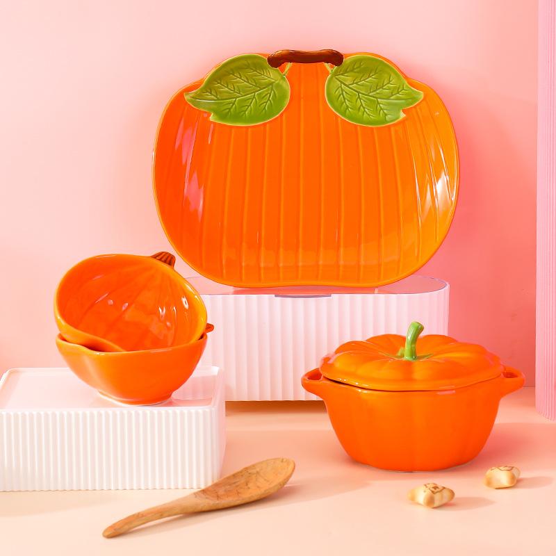 Creative Ceramic Pumpkin Fruit Tableware Household Children'S Steamed Egg Bowl With Lid Binaural Dessert Salad Dish Combination