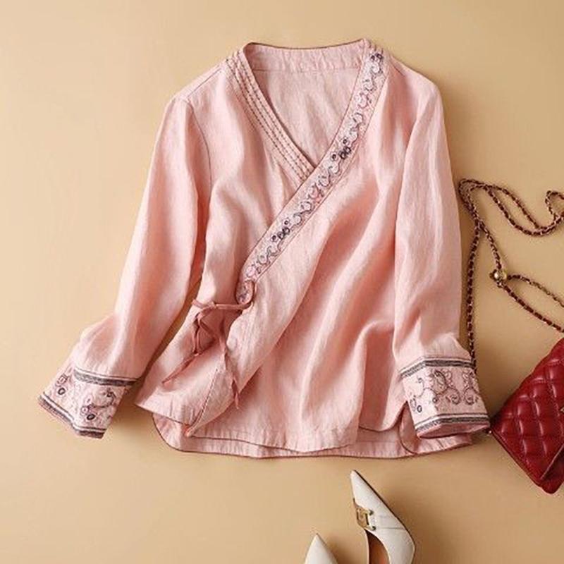 Camicia da Donna Primaverile Stile Cinese alla Moda Ricamo Artistico Vestibilità Larga Scollo a V Abbigliamento alla Moda da Donna