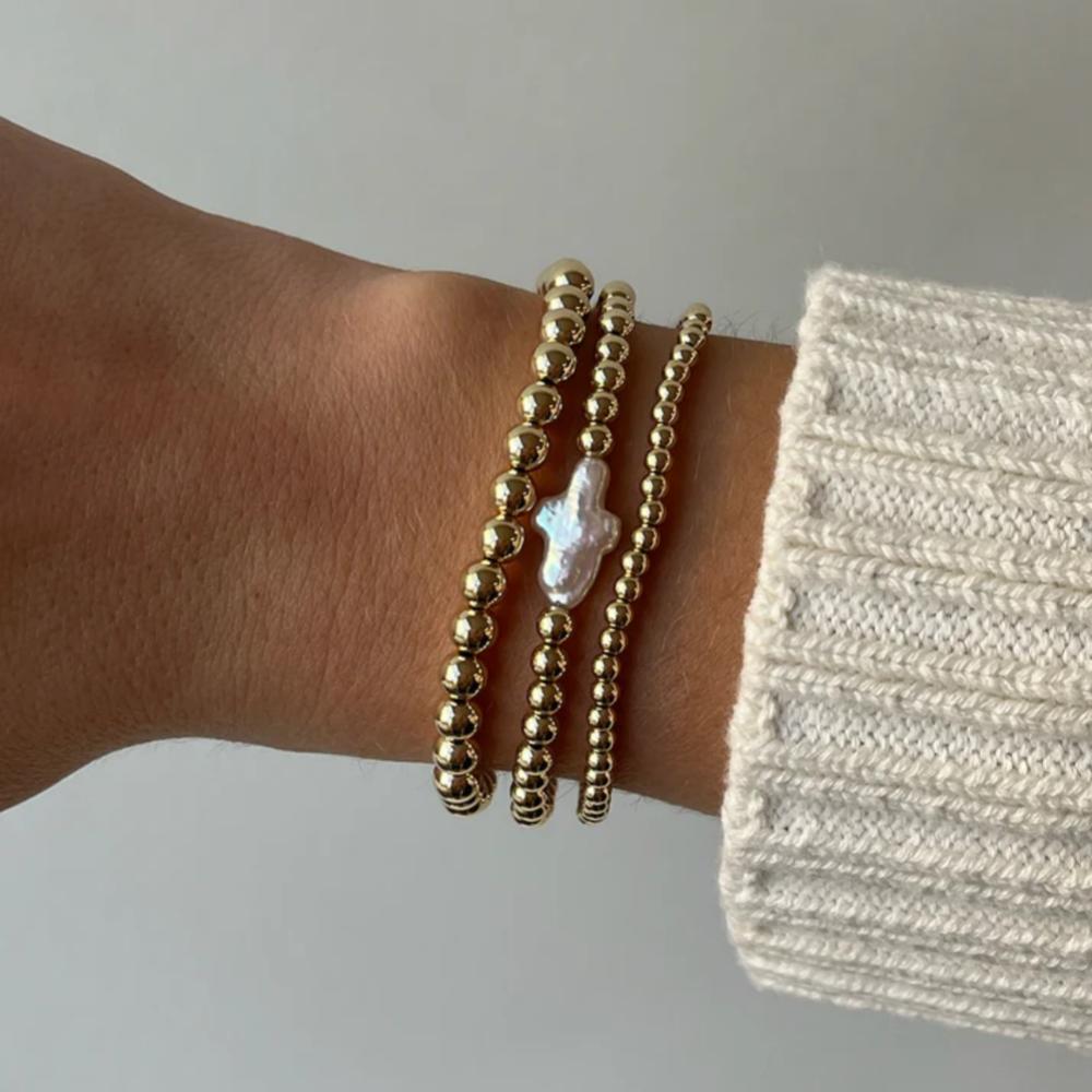 Vlen Baroque Pearl Cross Stretch Bracelet Elastic Tarnish Resistant Long Lasting 18 K Gold Plated Beads Jewelry Gift for Women