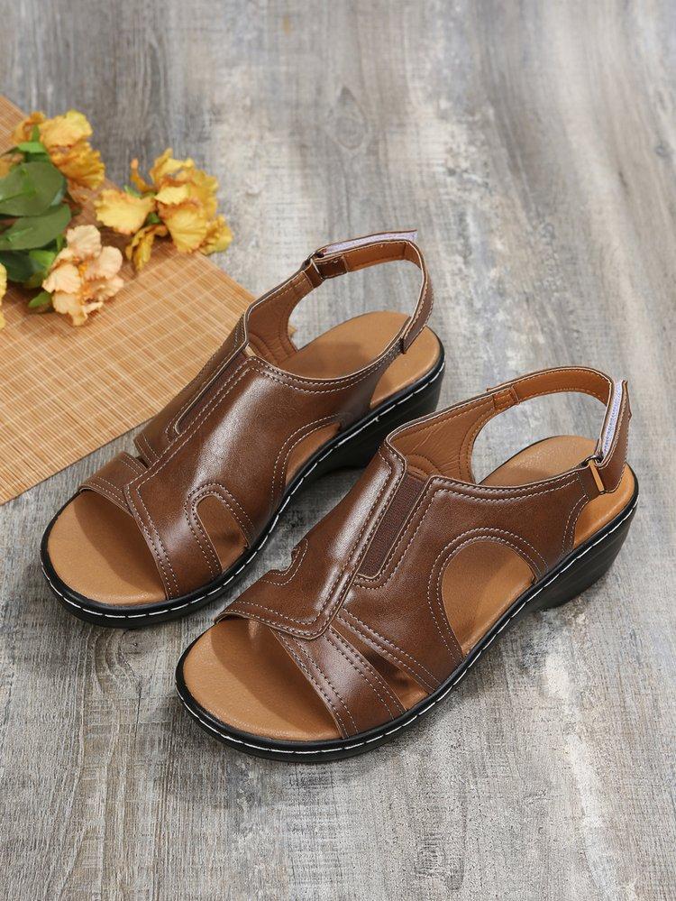 Large Size 2025 Summer European and American Sandals Women's Velcro Stitching Side Empty Open Toe Solid Color Leather Stitching Spot