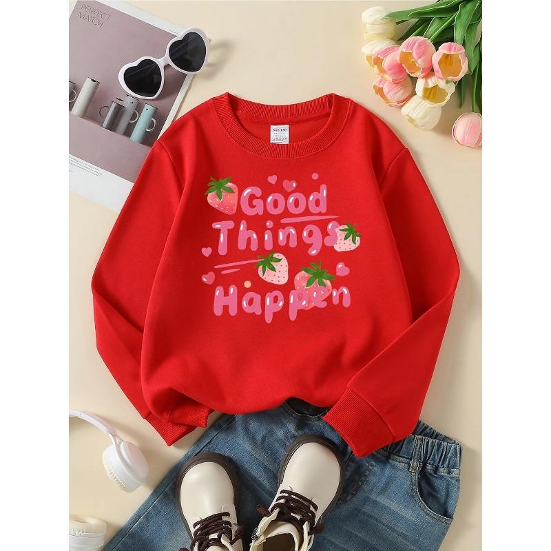Fashionable Crewneck Sweatshirt for Girls Featuring Strawberry Hearts, Perfect for Autumn And Winter with a Western