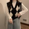 Women's Green Y2K Vintage Knitwear Sleeveless Argyle Knit V-Neck Blouse Tops Vest Sweater Korean Style Cardigan For Women