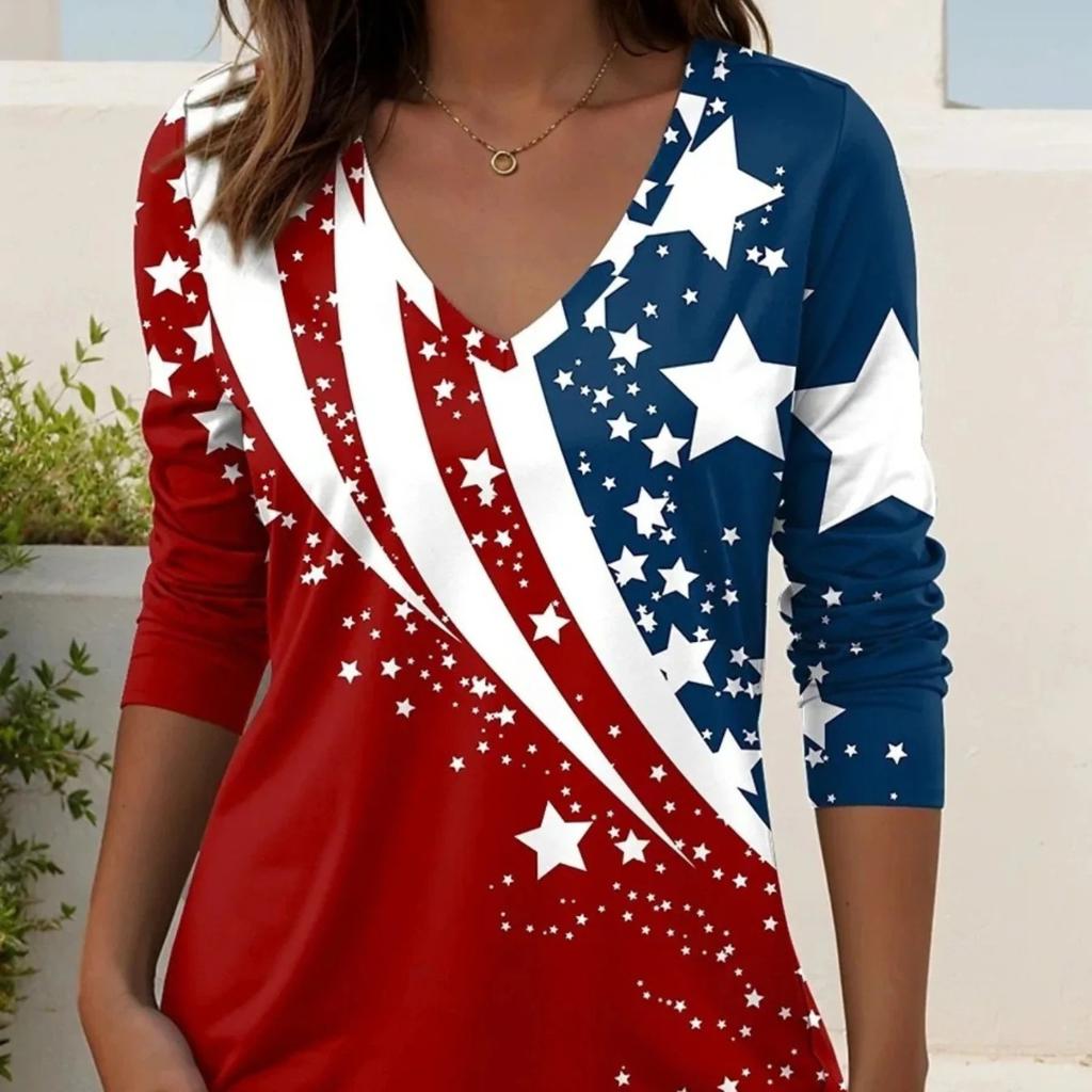 Women's 3D Printed V-Neck Long Sleeve T-Shirt Fashion Versatile Trend Breathable Casual