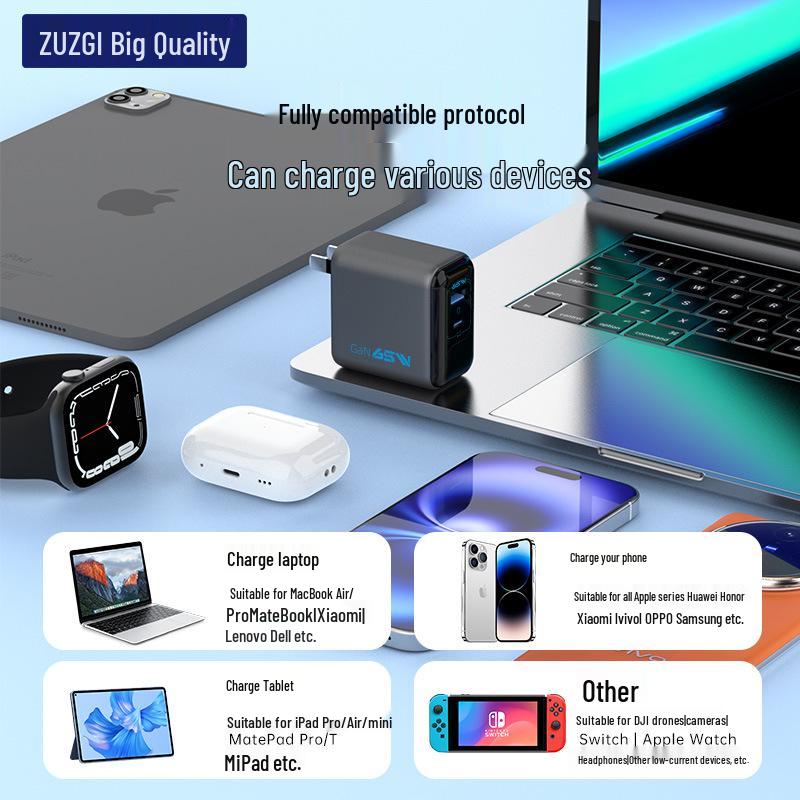 65W GaN Charger for Apple: Fast Charging for Tablets, Laptops, and Phones.