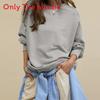 Basic Sweatshirt For Women With Knit Cotton Fabric And Long Lantern Sleeves For Casual Streetwear