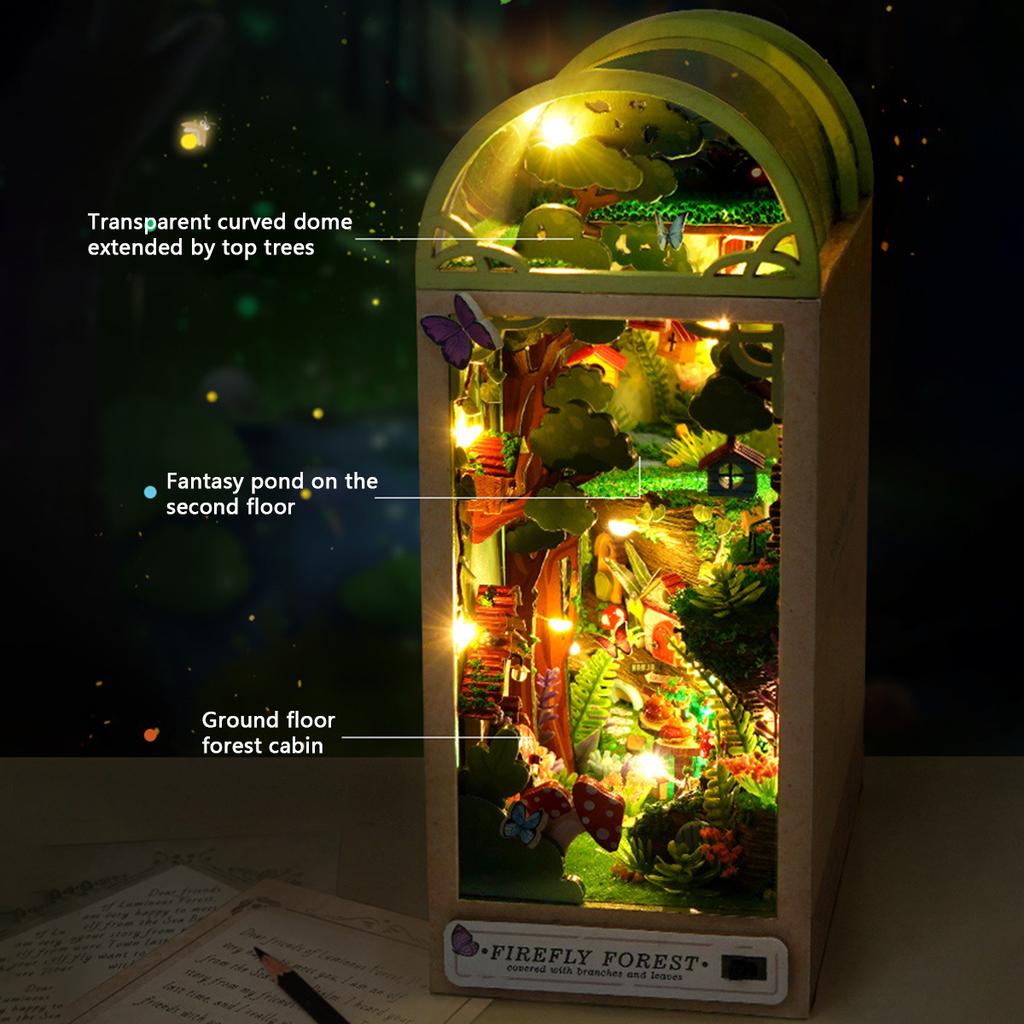 Firefly Forest DIY Booknook with Lights DIY Miniature Dolls House Kit 3D Wooden Puzzle Bookend Bookshelf Decor Christmas Gifts
