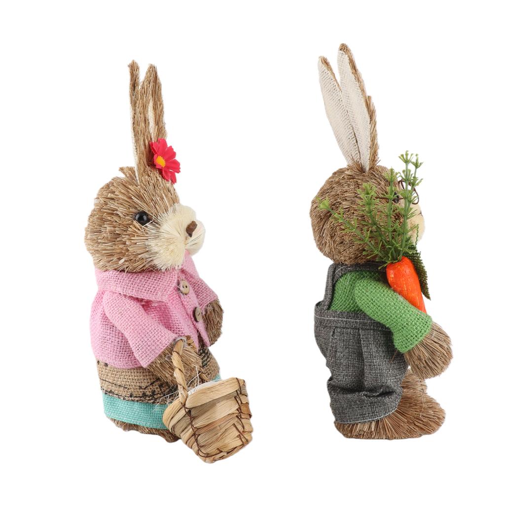25CM Easter Standing Bunny Couple Figurines Handmade Straw Rabbit Statues for Home Table Garden Decor