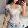 European & American Women's Pink Lace Patchwork Cropped Pullover - Sweet Girly Style, French Square Neck, Lace-up, Slim Fit T-shirt.