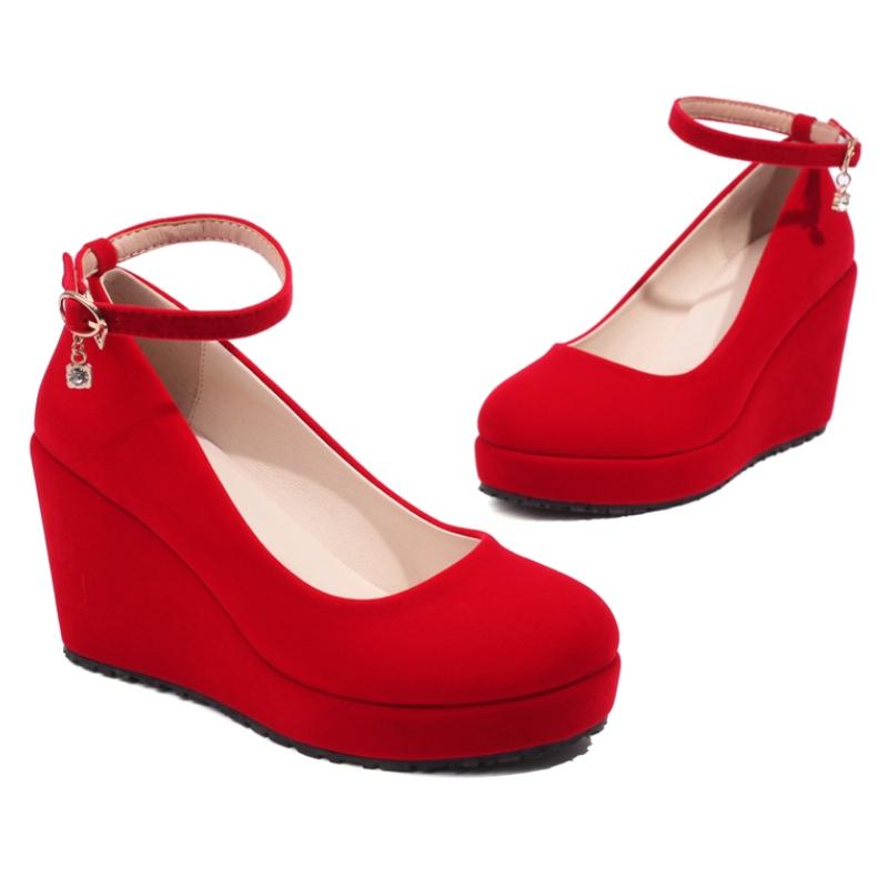 Platform Women's Wedge High Heels Wedding Shoes 2025 New Strap Spring Fashion Flock Black Red Heeled Party Office Dance Shoes