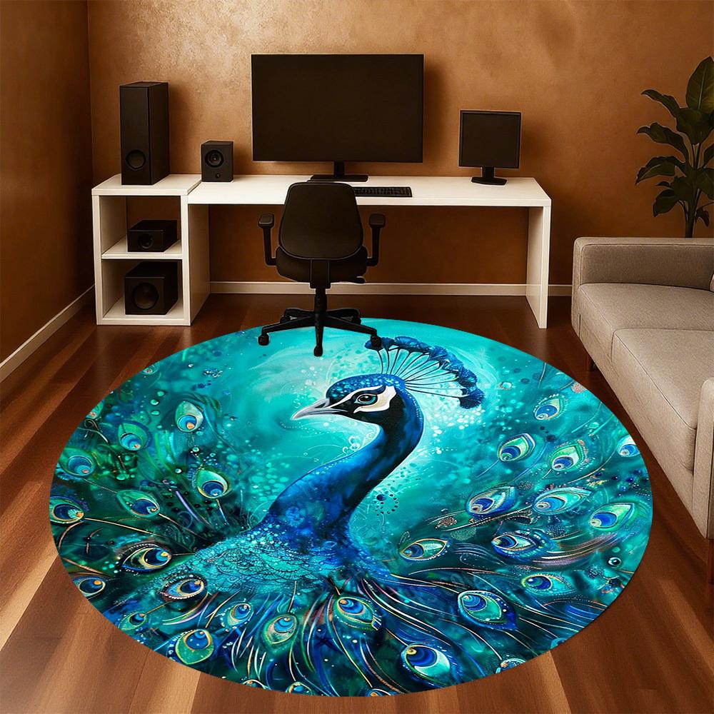 1PC Peacock Feathers Office Round Area Rug, Under Office Chairs Bedroom Living Room Home Decor, Carpet for Office -1110001