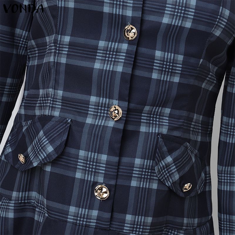 VONDA Rochie Casual de Damă cu Guler Înalt, Mâneci Lungi și Patchwork Plaid