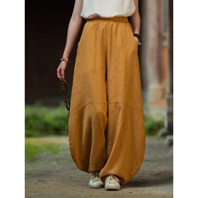Damen Vintage Ramie Baumwolle Leinen Hose Elastische Taille Weite Beinhose Frühling Sommer Batik Haremshose Lose Bloomers