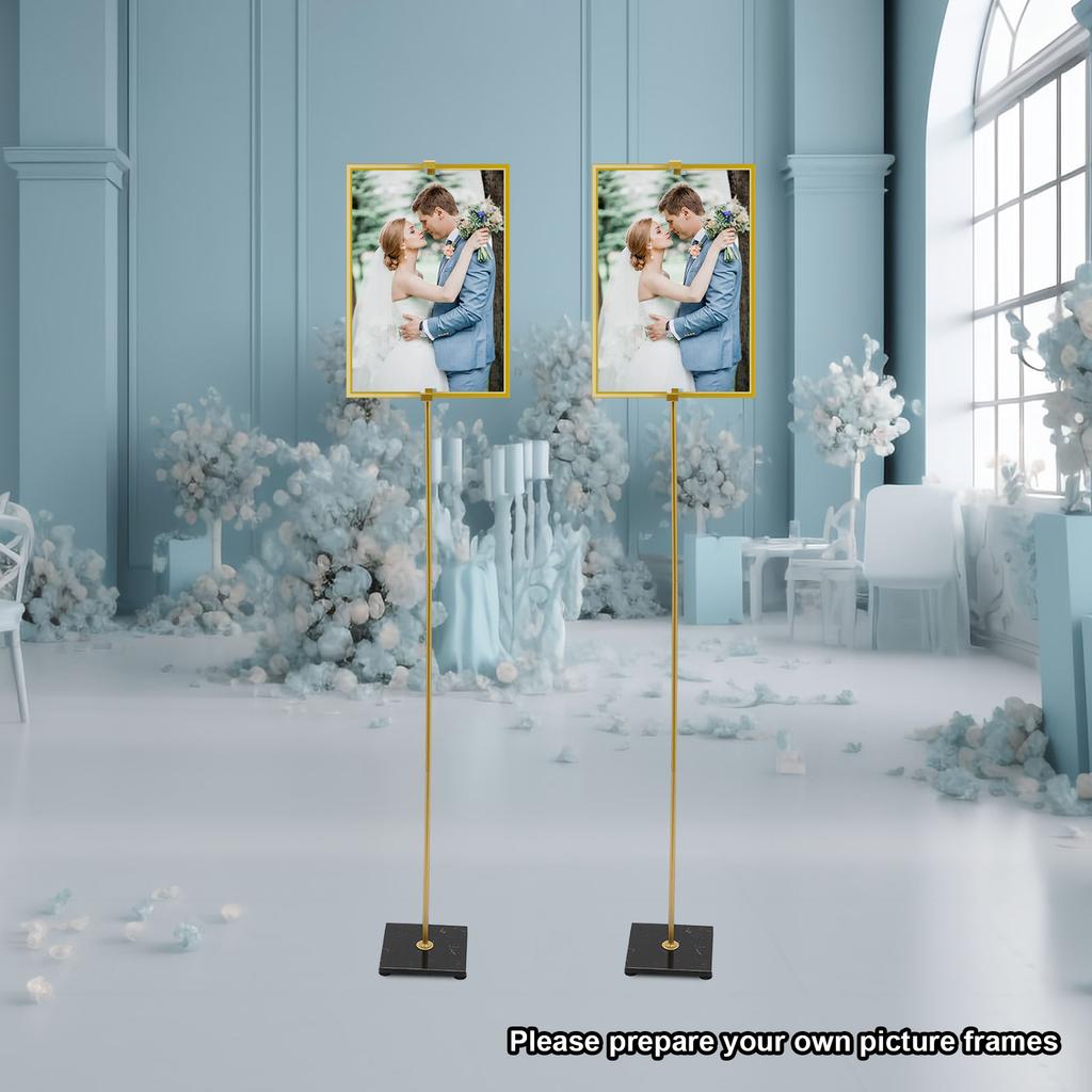 2-piece 63in High Adjustable Gold Floor Standing Logo Stand, Festival Promotion Signs with Marble Base, Wedding Party Decoration