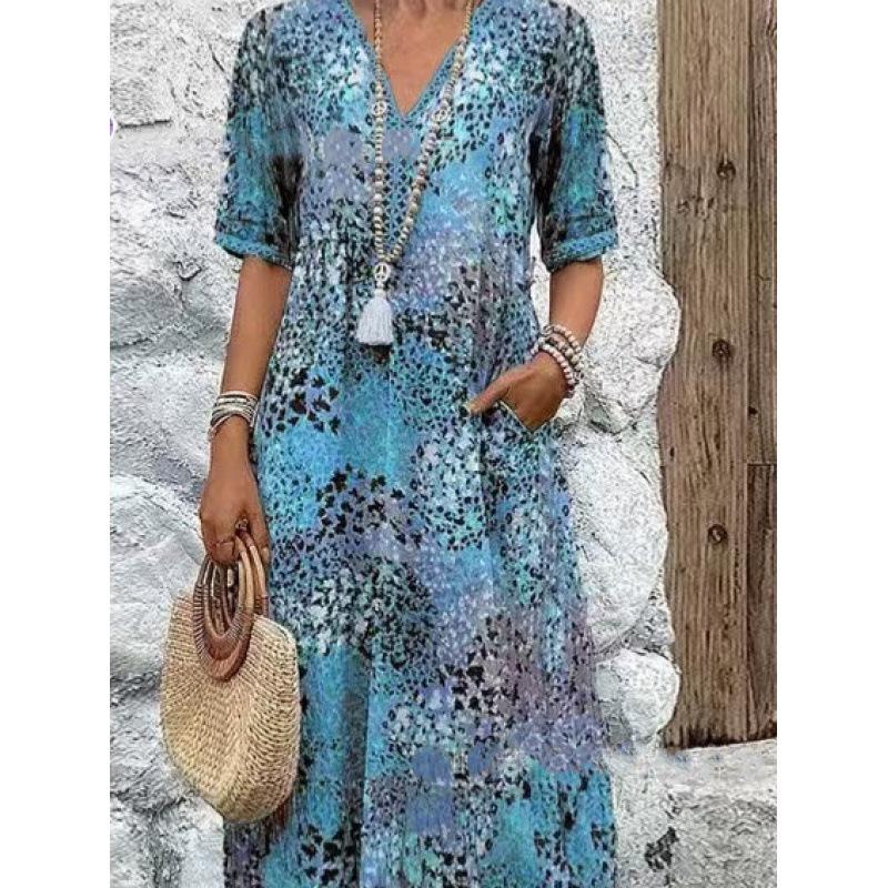 Women's Fashion Print with Lace V-neck Short-sleeved Dress