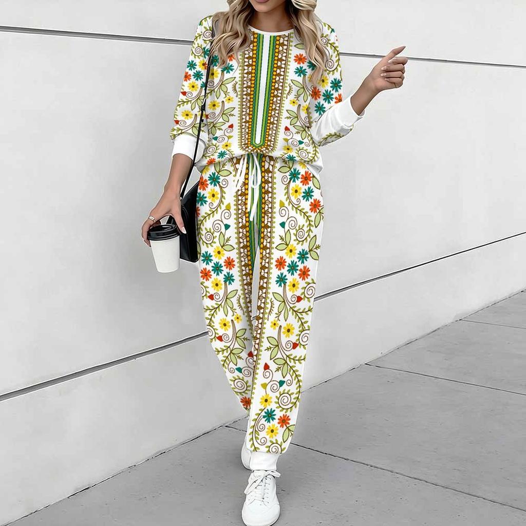 Women Floral Print Two Piece Outfit, Long Sleeve Crew Neck Top & Drawstring Jogger Pants Casual Tracksuit for Spring Autumn