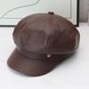 Retro leather octagonal hat female autumn and winter British newsboy hat showing face small painter hat versatile PU leather beret