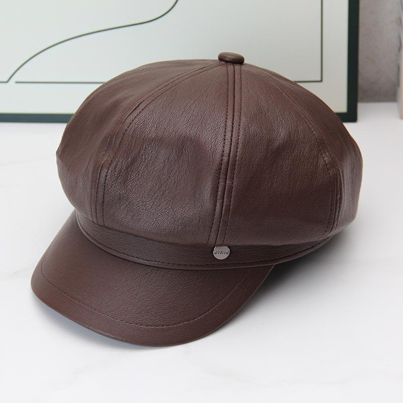 Retro leather octagonal hat female autumn and winter British newsboy hat showing face small painter hat versatile PU leather beret