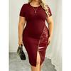 QICED Fashion Summer Spring Solid Color Print O-Neck Short Sleeve Casual Dresses