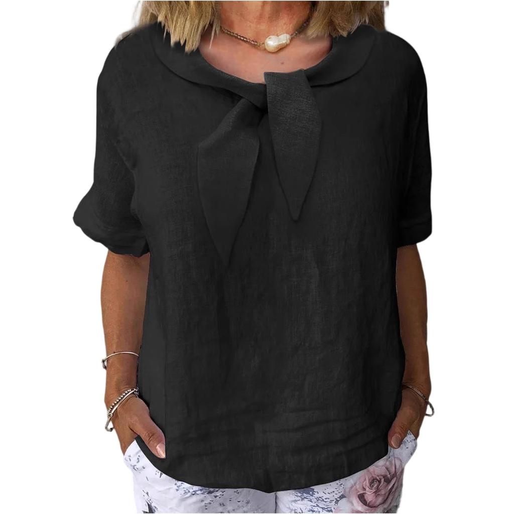 Women's Vintage Loose Fit Cotton Linen Blend Top With Bow Detail And Three Quarter Sleeves