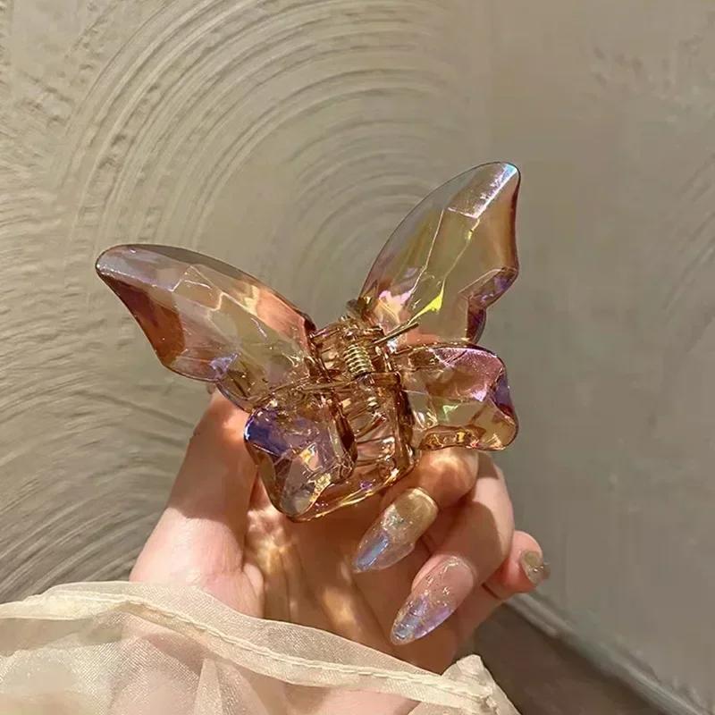 Gjennomsiktig sommerfugl hårklemme kvinner sommer krystall havfrue blendende farge klemme haiklemme i bakhodet hårklemmer
