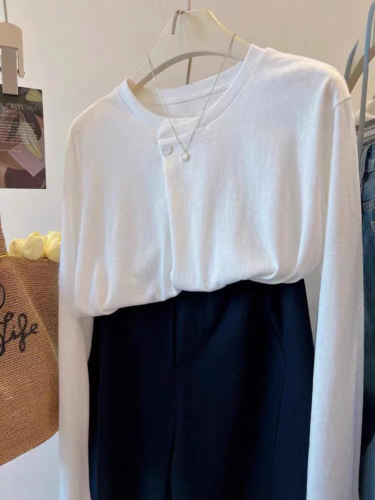 Cross-Season Pure Cotton Korean Double Gauze Long Sleeve T-Shirt for Women - Early Autumn Button Design