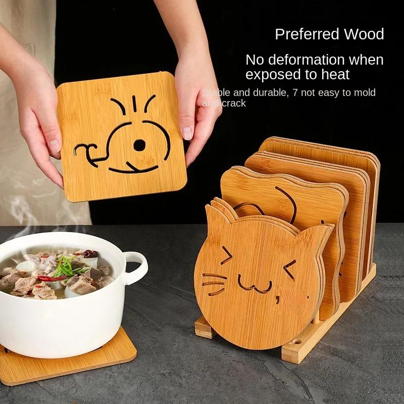 Cartoon Hollow Wooden Coasters Kitchen Tableware Thickened Anti-scalding Heat Insulation Wooden Non-slip Pan Bowl Pad