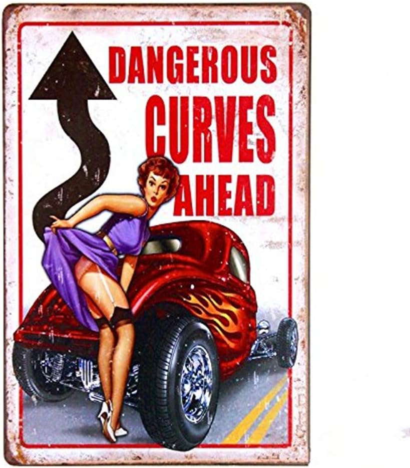 

WEIMEILD Dangerous Curves Legends Tin Sign Hot Rod Man CaveMan Cave (M)Aluminum 20x30cm（7.8x11.8inch）