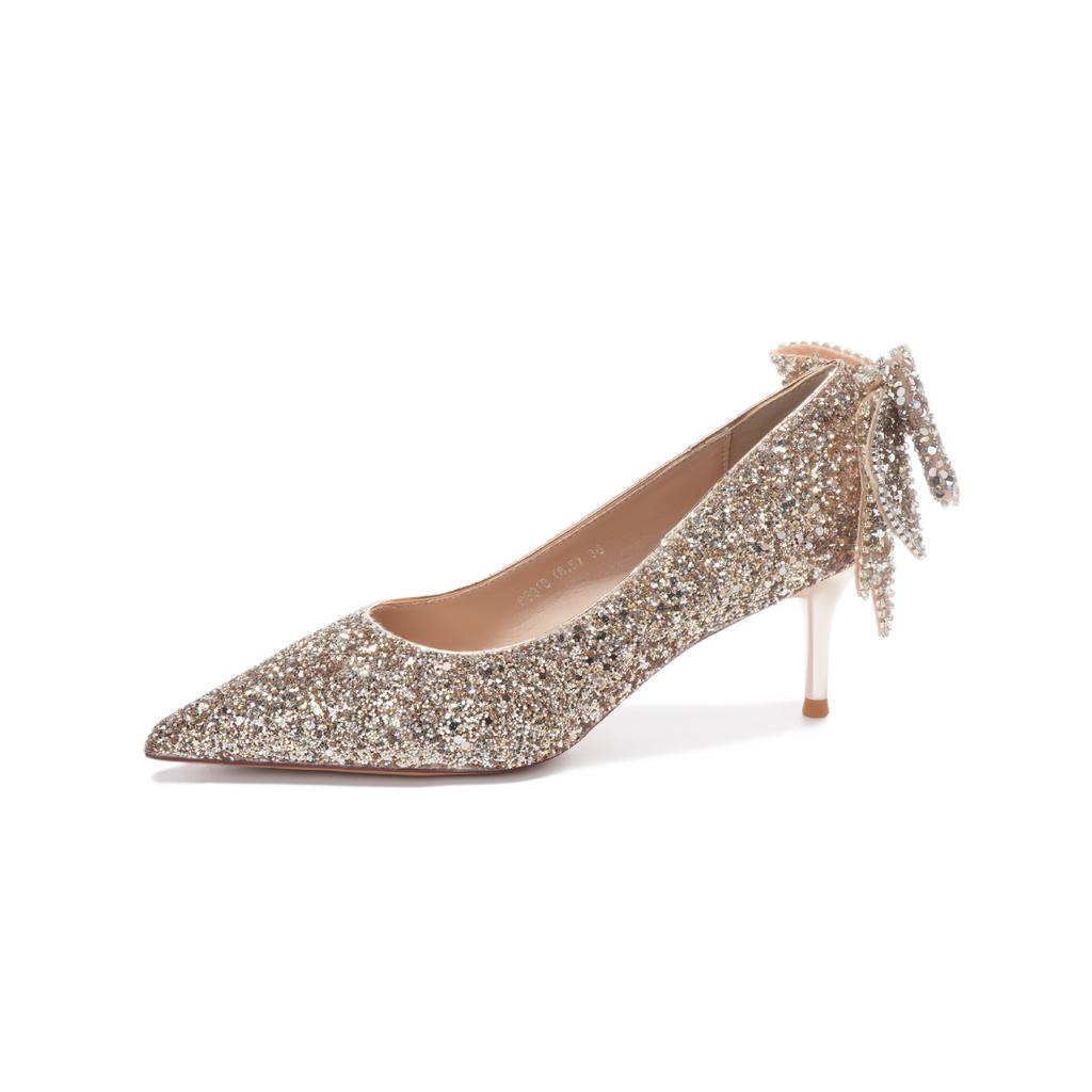 -B French crystal bow high heels socialite temperament banquet show he sequined bridal bridesmaid shoes