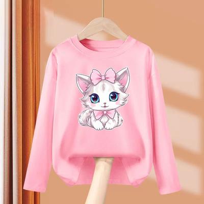 Cute Bow Cat Dress Baby Girl Long Sleeved T-shirt Cartoon Kitty 3d Printe Cotton Tops Girls Spring Leisure T-Shirts
