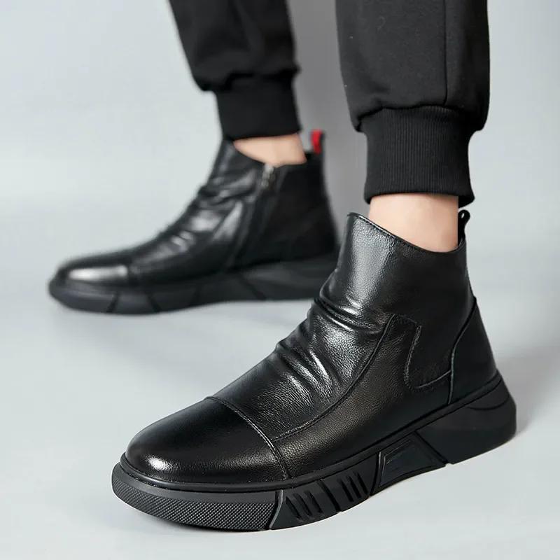Fashion Men Leather Boot Snow Boot Warm Versatile Cotton Shoe High Top Casual Leather Shoe British Style Men Boot Trend 2024