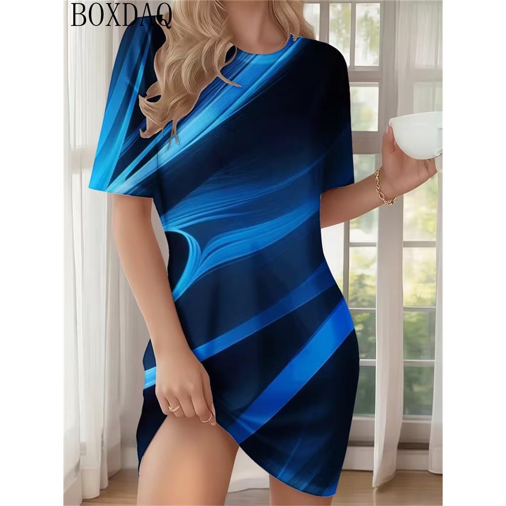 2026 Summer Home Abstract Design Printed Round Neck Short Sleeve Loose Women's Dress