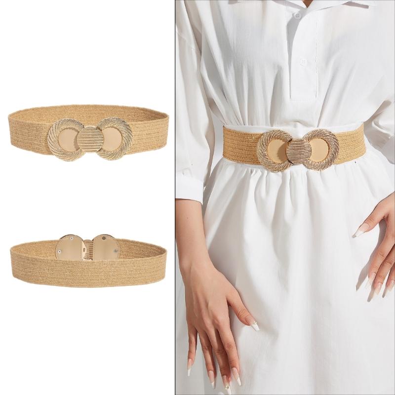 Straw Weaving Women Waist Belt with Gold Buckle Bohemian Hand Weaving Belt