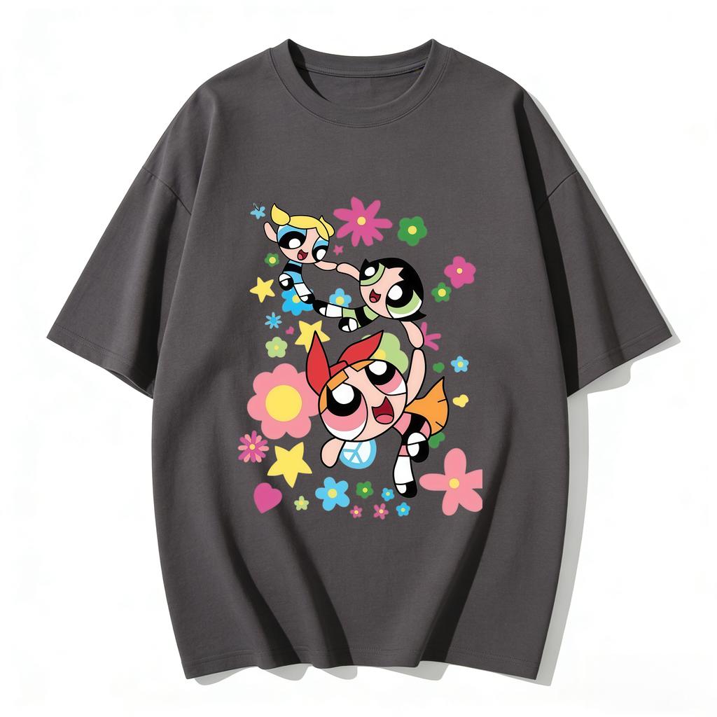 2026 Sommer Niedliche Powerpuff Girls Familien-Matching T-Shirts Cartoon-Druck Baumwoll-T-Shirts Lässige Kurzarm-Oberteile für Kinder und Erwachsene