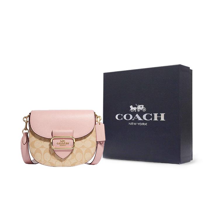 New COACH Morgan Canvas With Sheepskin Saddle Bag Shoulder Bag Crossbody Bag Small Size Women's Khaki Monogram & Pink CF410-IMSWZ