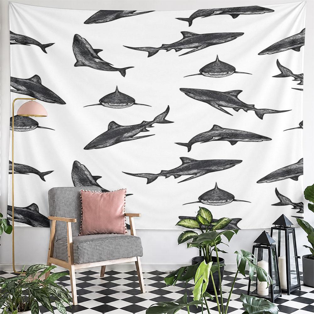 Shark Pattern Black and White Design Pattern Wall Hanging Tapestry Decorative Tapestry Home Decor for Bedroom and Living Room