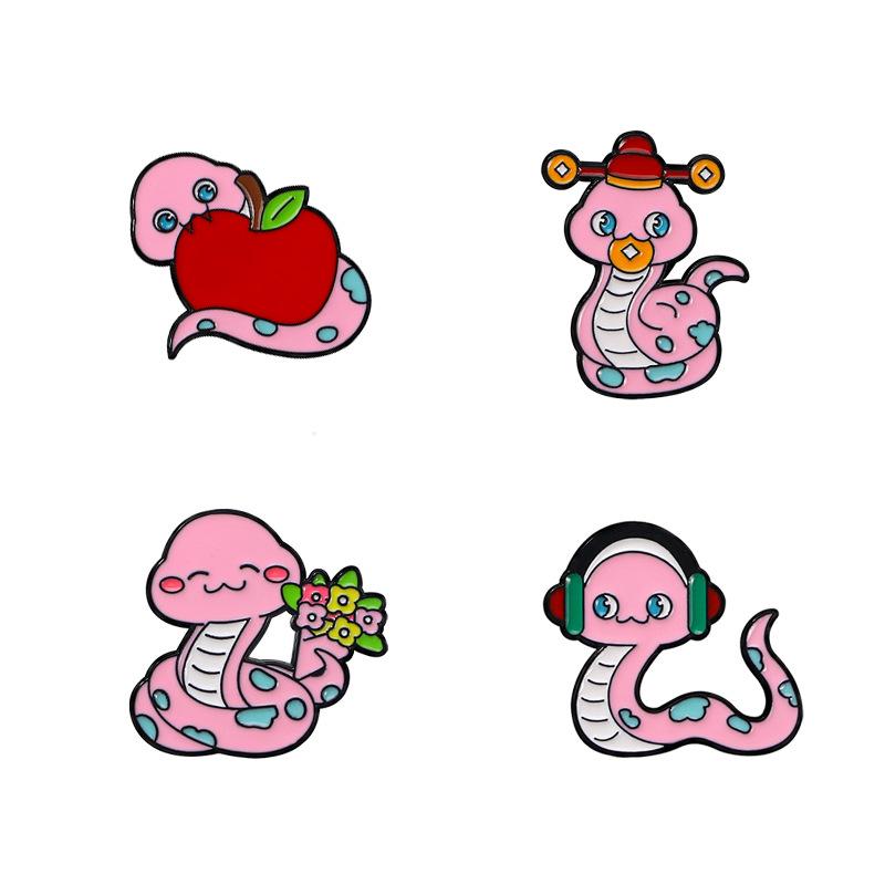2025 Chinese Style Zodiac Snake Brooch God of Wealth Pink Little Snake Zinc Alloy Badge for Clothes Backpack Decoration Accessory