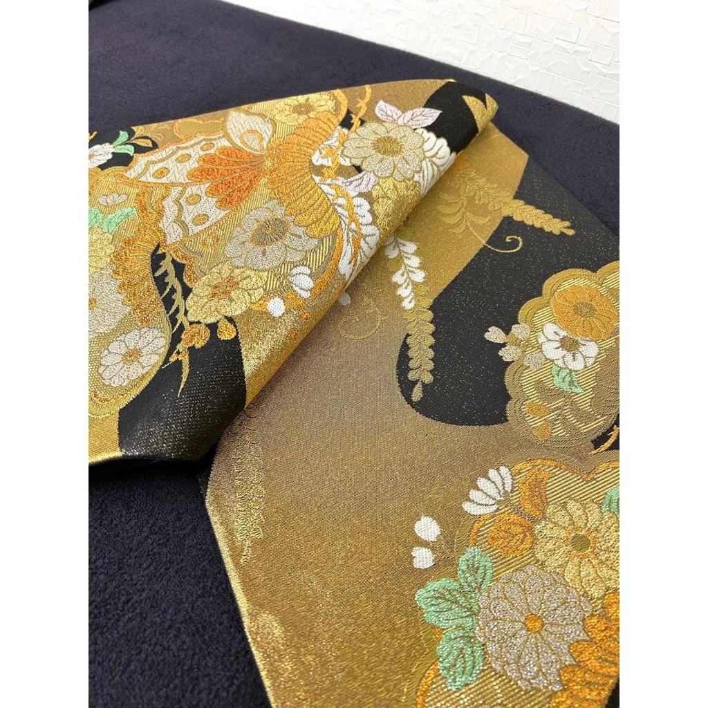 Used Black Obi with Gold Thread, Butterflies and Flowers, for Furisode Kimono, Coming-of-age Ceremony