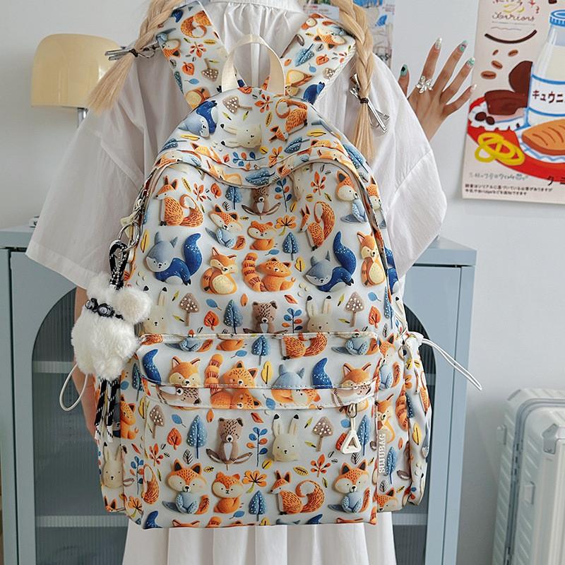 Cute Flower Crab Fox Bear Daisy Cartoon Printed Student Backpack With Pendant