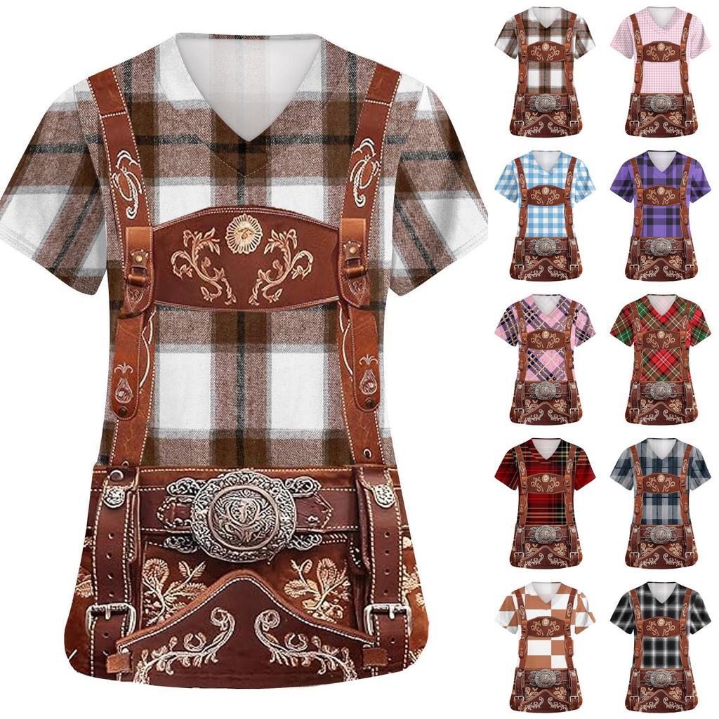 Women's V Neck Short Sleeve Work Shirt with Pockets Oktoberfest Print Top Nursing Uniform Comfortable Fit Durable Material