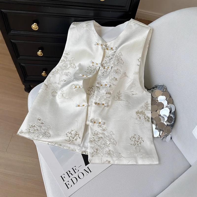 High-class elegant temperament satin vest, early spring women's round neck jacquard disc buckle vest