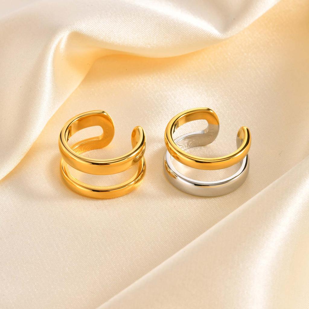 Stainless Steel Double-layer Geometric Women's Rings, 18K Gold Color Opening Chunky Ring, Waterproof Party Jewelry Gift