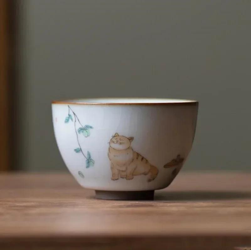 Large Ru Kiln Teacup Travel Personal Meditation Cup Handmade Ceramic Tea Bowl Pu'er Master Cup Household Tea Set Accessories