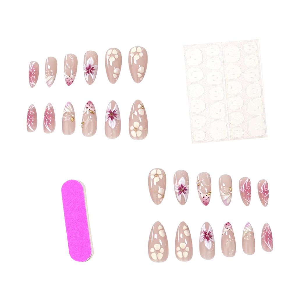 New 24-Piece Manicure 3D Three-Dimensional Relief Flower French Polka Dot Pearl Long Almond Wearing Armor