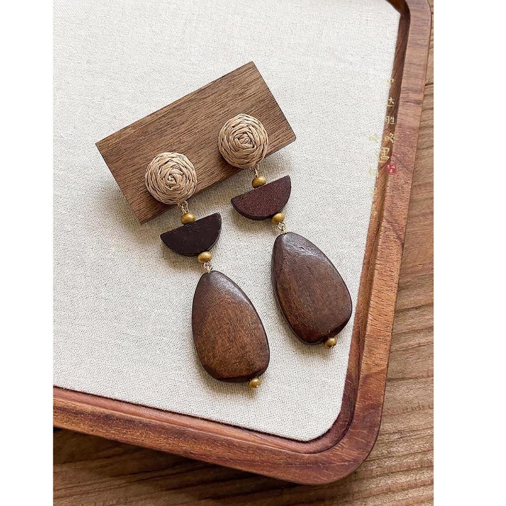 Forest Grass & Trees Wooden Woven Earrings: Ethnic Retro Hollow-Out Ear Jewelry for Women