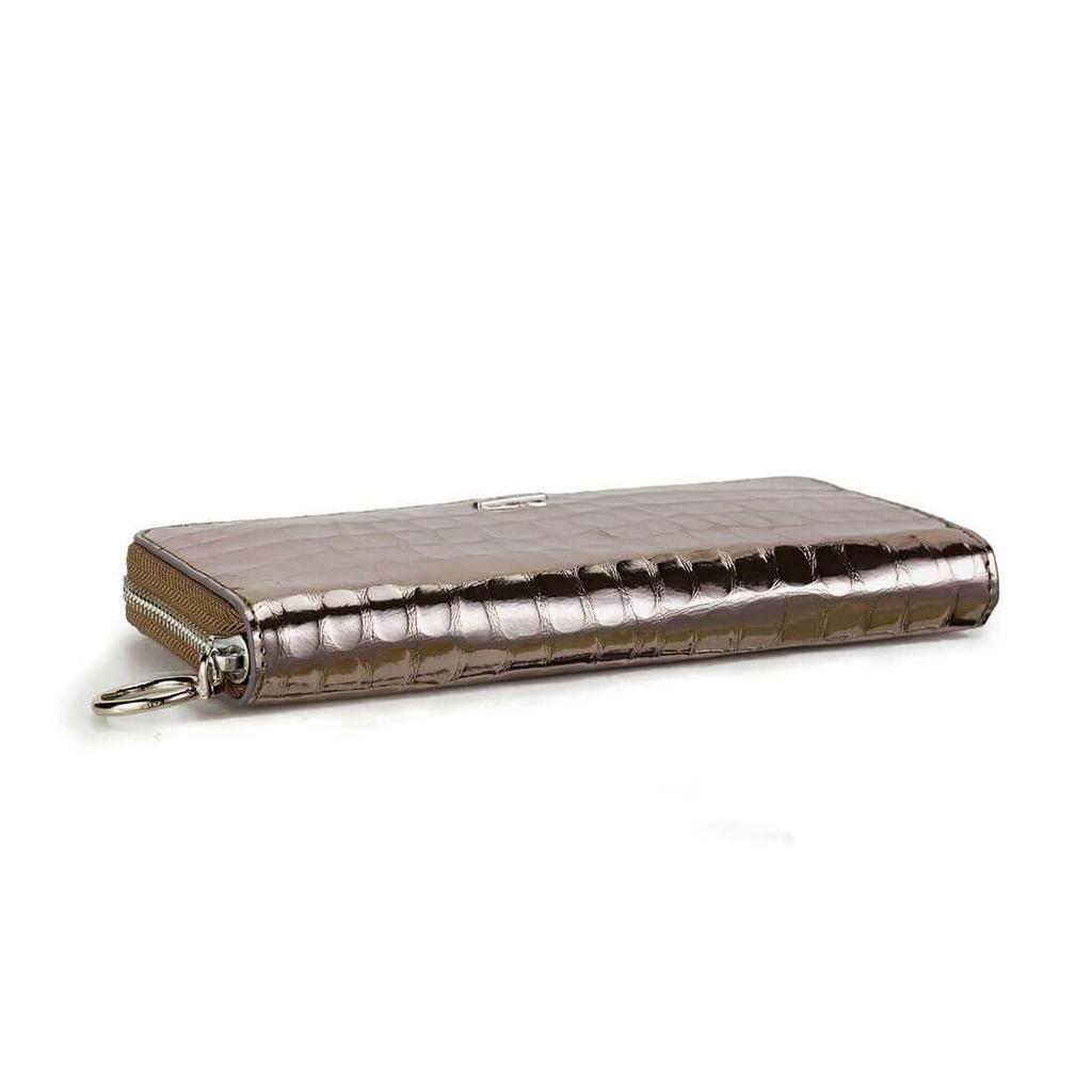 Barcos Shining Leather Long Wallet for Women, Crocodile Embossed, with Card Case, 12 Card Pockets, Bill Compartment, Coin Purse, Wide Round Zipper,