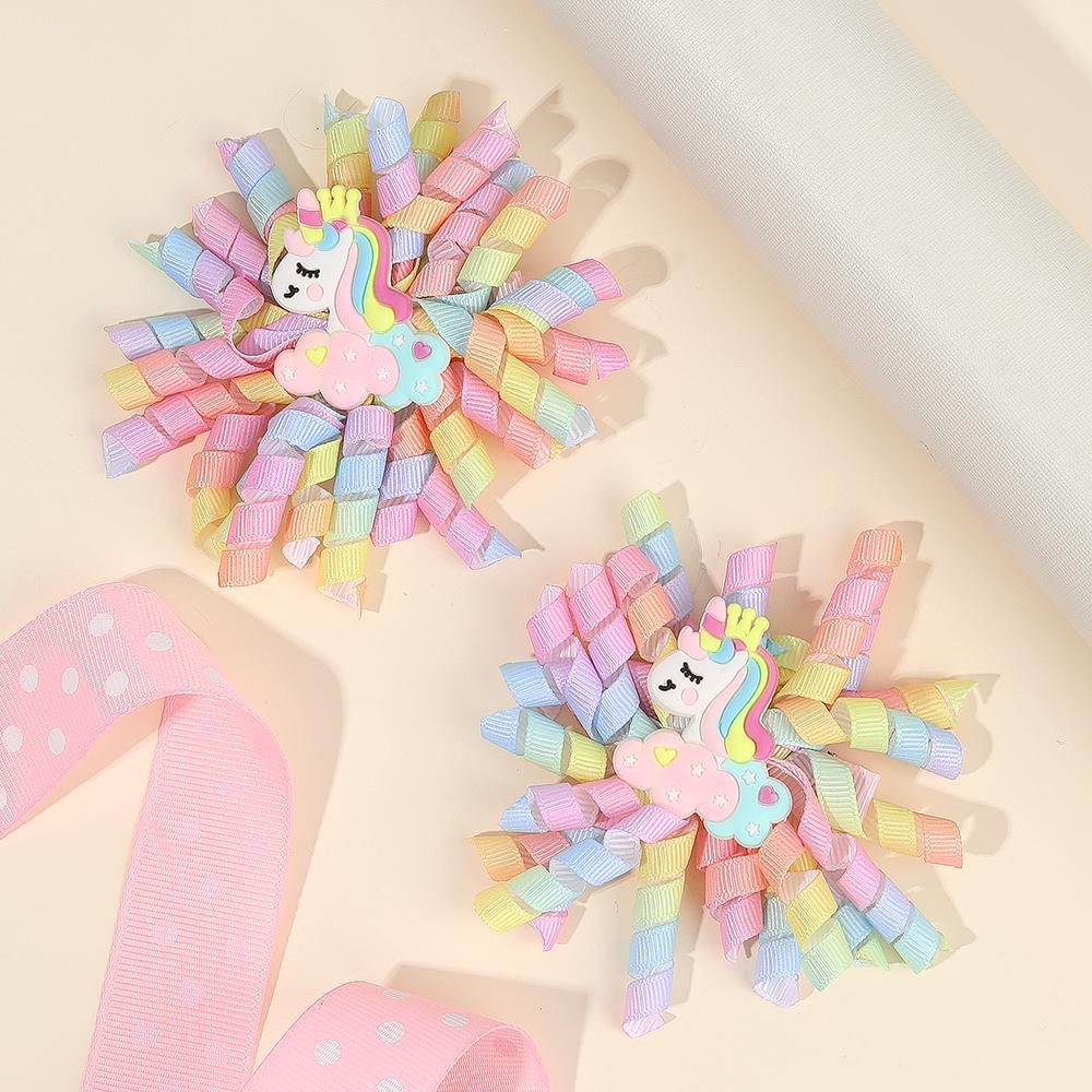 2Pcs Cartoon Unicorn Hair Clips Firework Rainbow Curled Ribbon Tassels Hairpins For Girls Children New Headwear Hair Accessories