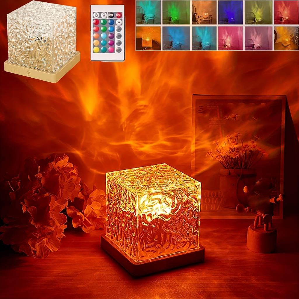 1 stk roterende vannrippel nattlys, USB nattlampe, RGB 16 fargespinn Creative flamme-atmosfærelampe ved sengen