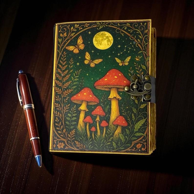 Handmade Leather Journal – Enchanted Forest Mushroom Leather Journal – Handmade Deckle Paper Notebook 5x7" 200 Page